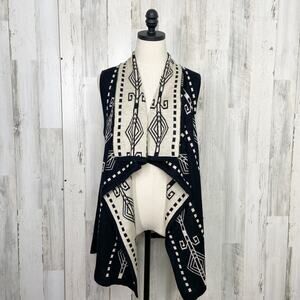 Honeylee Southwestern Sweater Vest Black Cream Waterfall Front Boho Size S